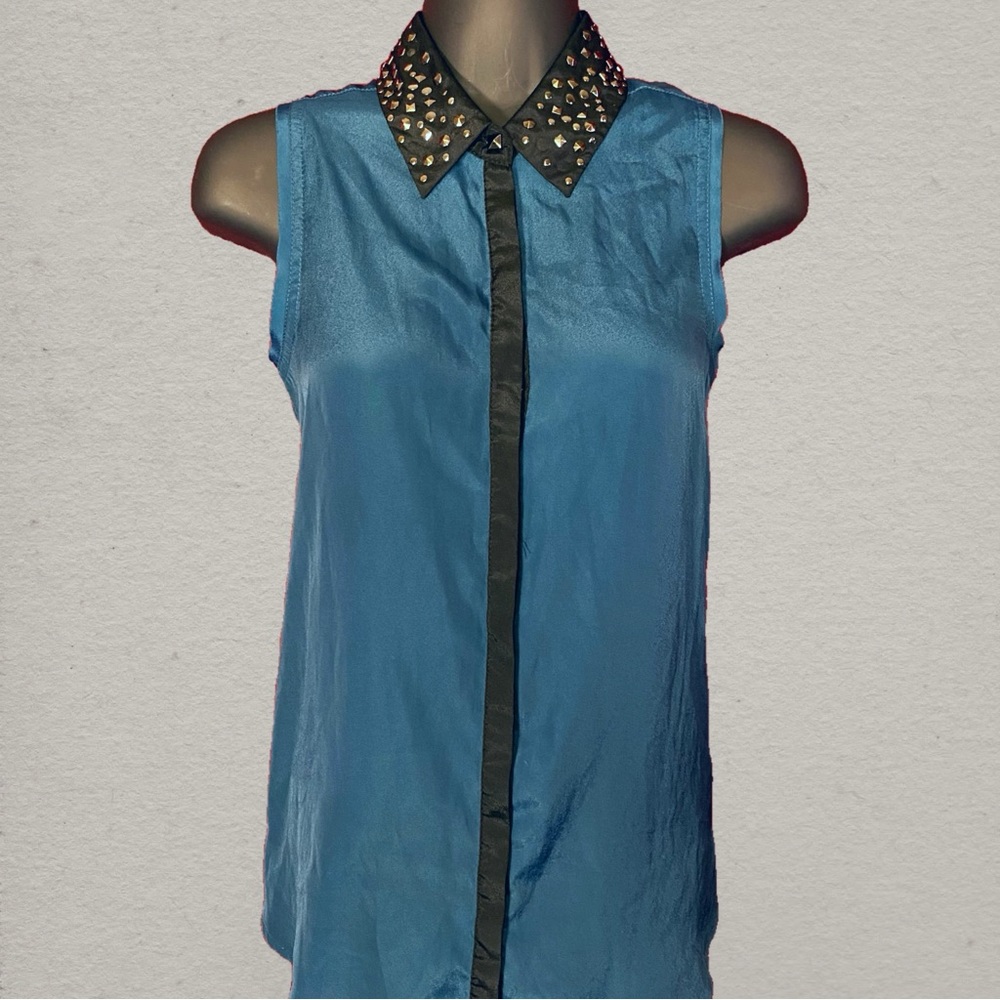 SOLD: Rock & Republic Blue Sleeve Blouse with Studded Collar - Picture 1 of 10